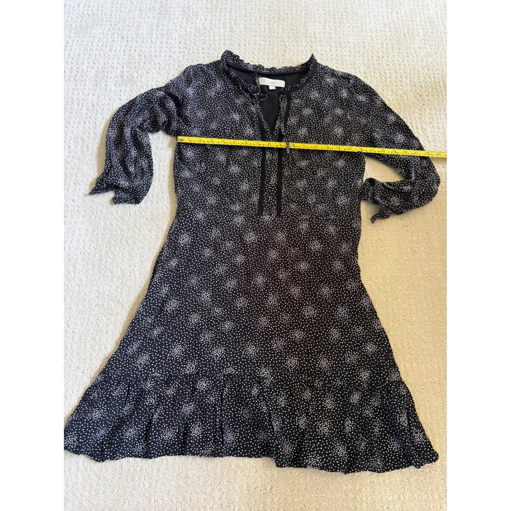 LOFT Black White Polka Dot Ruffle Neck Mini Dress Long Sleeve Size 6 Boho